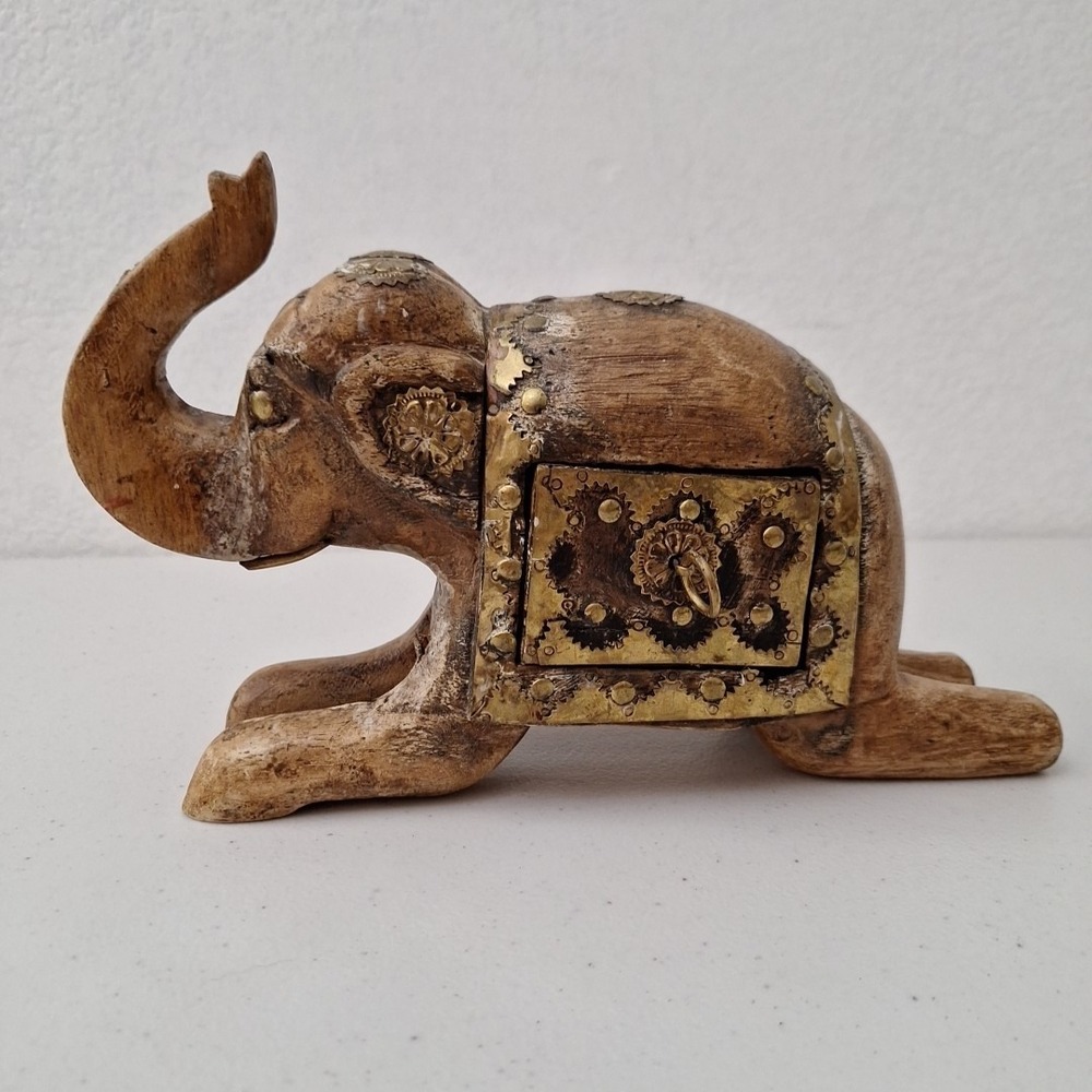 Vintage Hand-Carved Wooden Elephant Figurine w/ Copper Brass Decor & Drawer Hvy